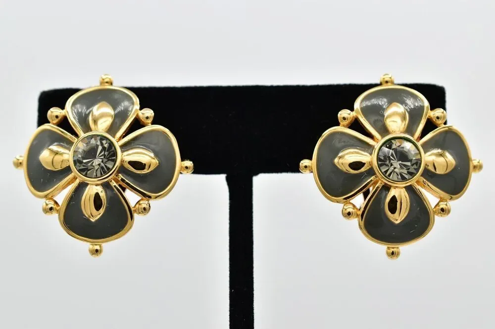 Joan Rivers Vintage Flower Clip On Earrings Gray Enamel Crystal Signed 90s BinBK
